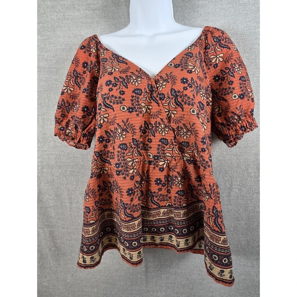 Madewell Puff Sleeve Peplum Top Cavoli Floral XS Boho Festival Earth Tones Retro
